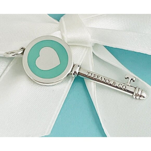 Tiffany & Co Blue Enamel Heart Key Pendant in Sterling Silver - Picture 1 of 7